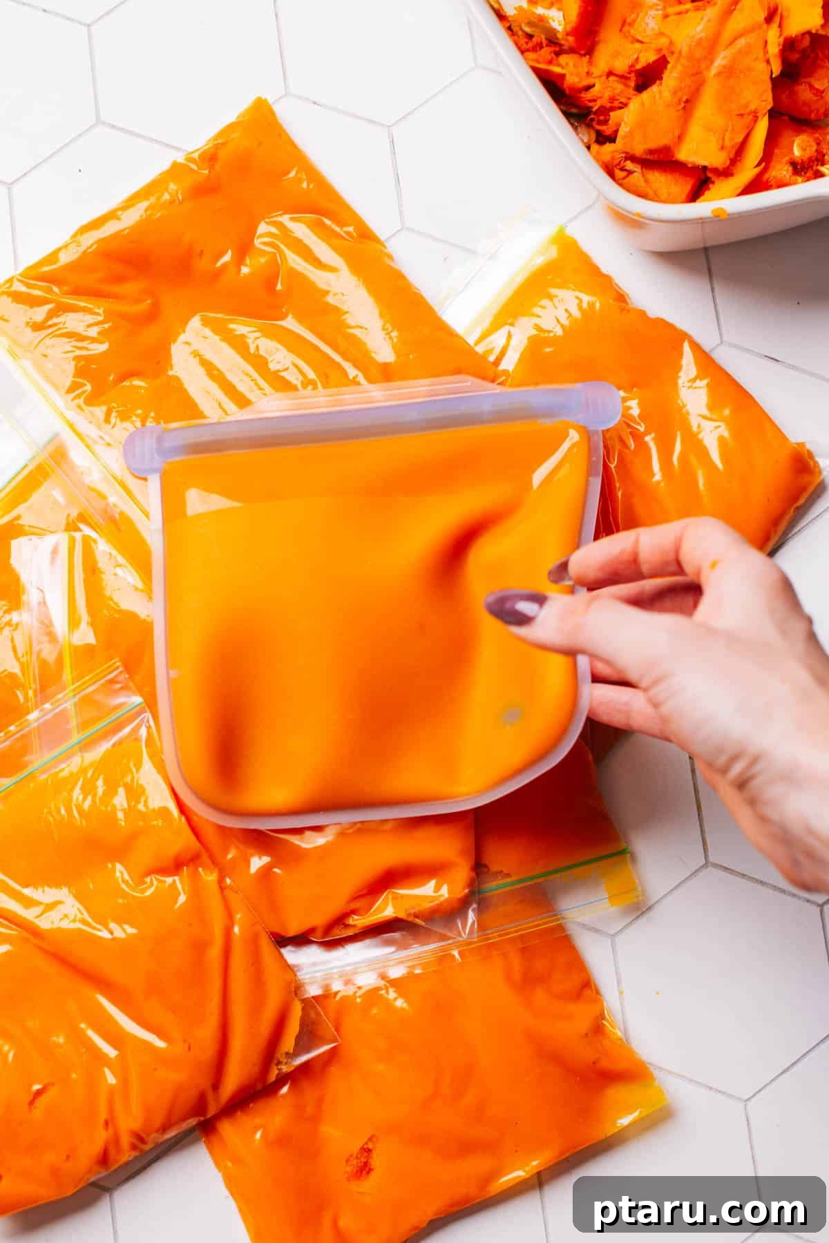 Soft and Moist Pumpkin Banana Bread 3 Canned pumpkin puree in freezer bags, illustrating preparation for baking.