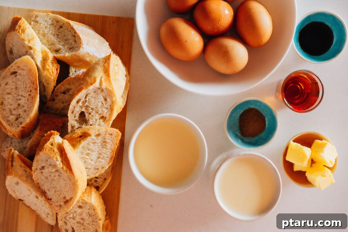 Sunrise French Toast Casserole 3 A selection of fresh ingredients for French Toast Bake, including eggs, milk, bread, and spices.