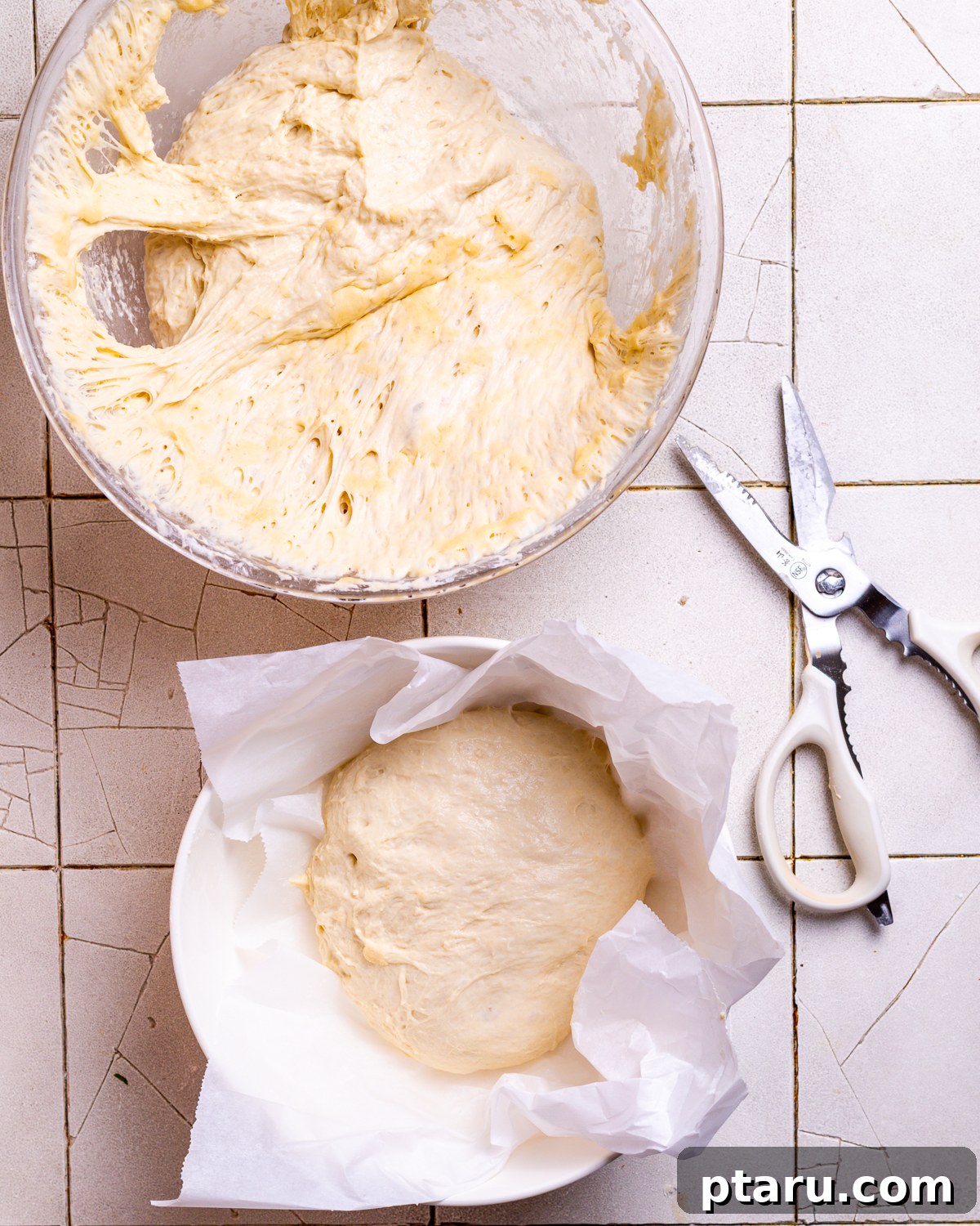 Effortless Artisan Dutch Oven Bread 6 A bowl containing a shaped portion of no-knead bread dough, ready for its final proof.