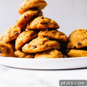 A delightful pile of soft and tender pumpkin chocolate chip cookies, showcasing their inviting texture and generous distribution of melty chocolate chips.