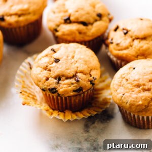 A freshly baked batch of soft Chocolate Chip Pumpkin Muffins, enticingly arranged on a kitchen counter, ready for immediate enjoyment.
