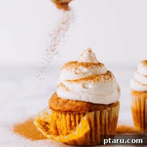 A delicious pumpkin cupcake being elegantly dusted with a light layer of cinnamon, beautifully prepared and ready to be savored as a delightful fall treat.