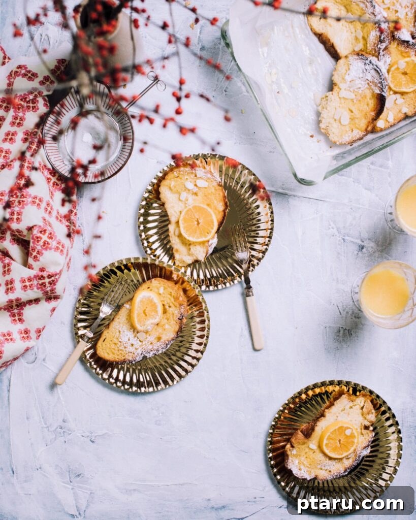 Provençal Orange Bake 6 Exquisitely presented slices of Orange Cream French Toast Casserole, elegantly dusted with powdered sugar and adorned with fresh clementine segments, ready for a festive breakfast.
