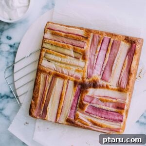 A beautifully presented slice of Ginger Rhubarb Cake with the full cake visible in the background