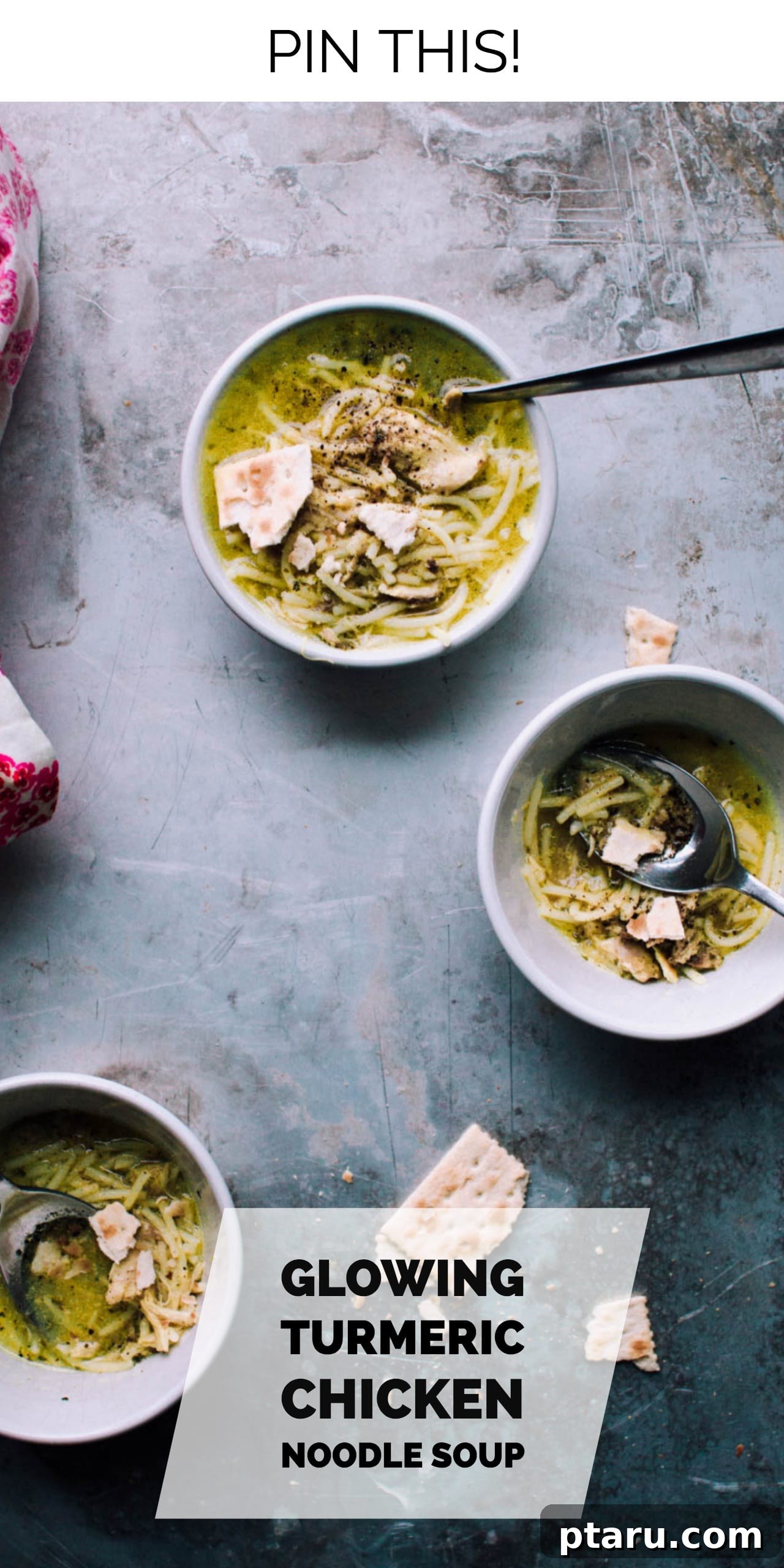 Golden Turmeric Chicken Elixir 3 Vibrant Turmeric Chicken Noodle Soup with fresh herbs in a white bowl.
