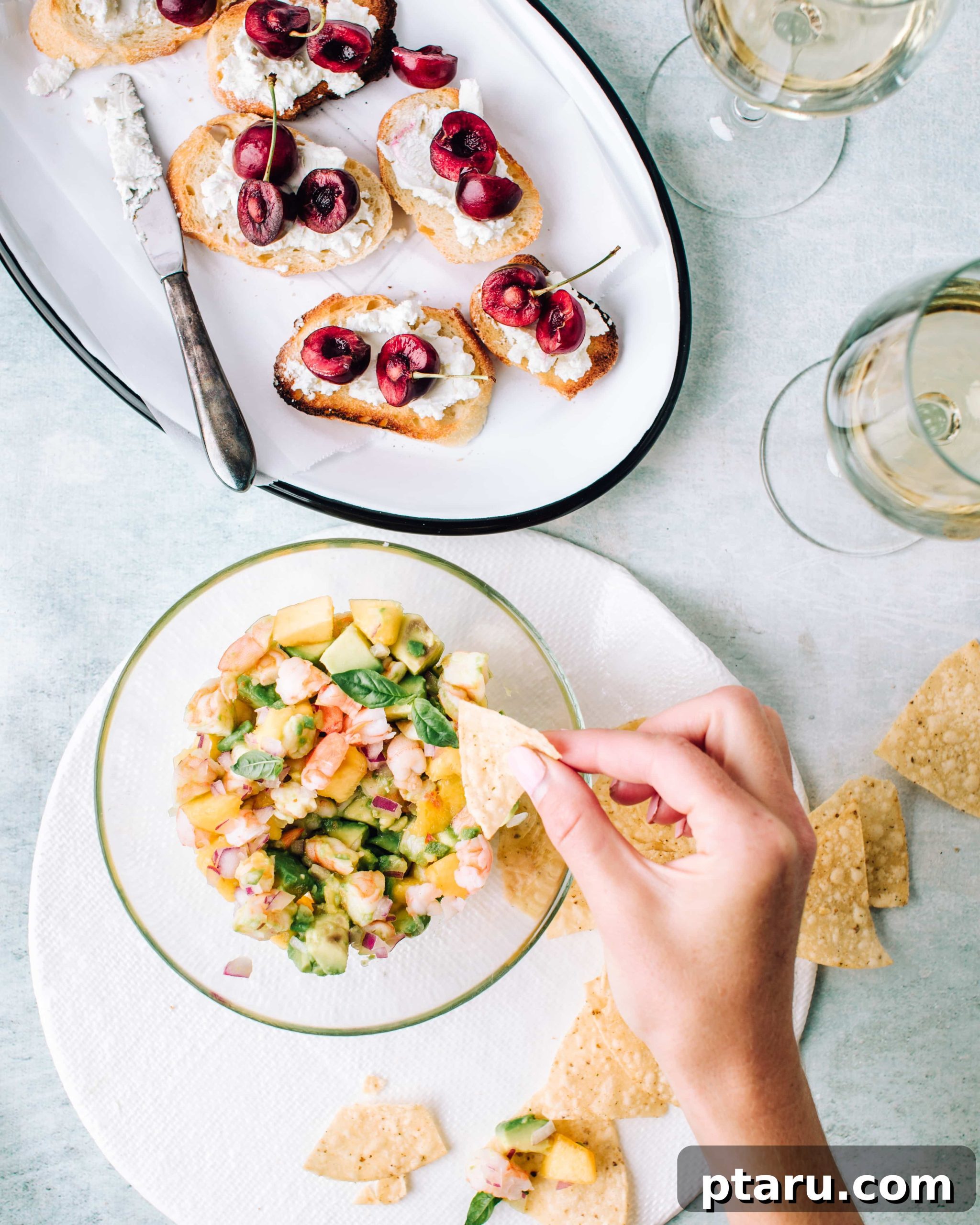 Irresistible Fall Appetizers to Try Now 5 Shrimp and avocado ceviche with peach and basil in a bowl