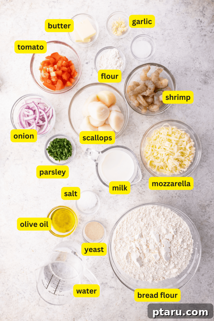 Ocean Harvest Pizza 3 Seafood pizza ingredients arranged on a kitchen countertop