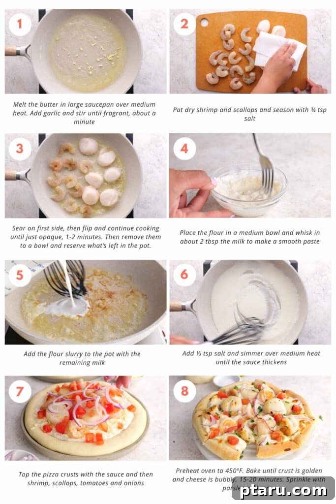 Ocean Harvest Pizza 5 Step-by-step instructions to make garlic cream sauce for seafood pizza
