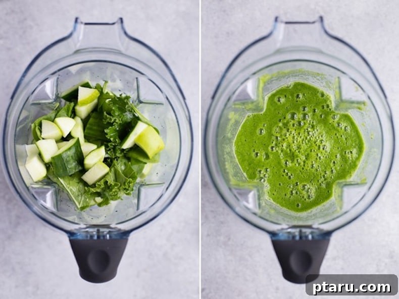 Fresh kale, crisp apples, and refreshing cucumber are ready to be blended, promising a light and detoxifying green apple smoothie.