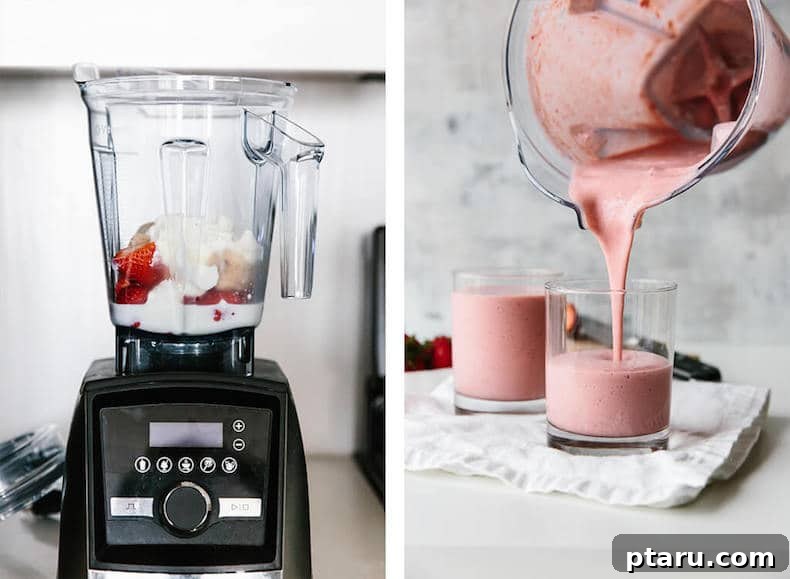 25+ Game-Changing Healthy Smoothie Recipes 6 Fresh strawberry smoothie ingredients, including whole strawberries, being prepared in a blender and then poured into a serving glass, highlighting the freshness of the blend.