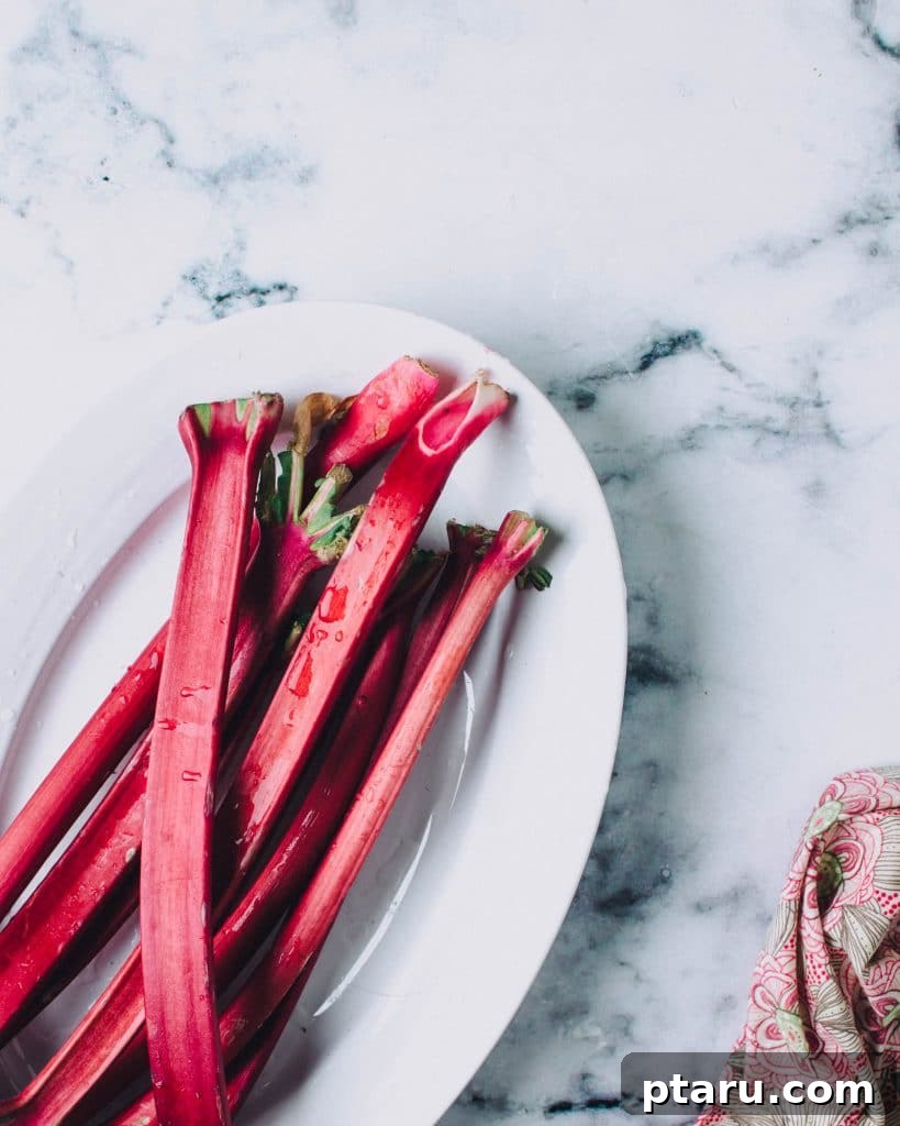 Homestyle Rhubarb Crisp 3 Fresh rhubarb stalks on a plate, ready for preparation.