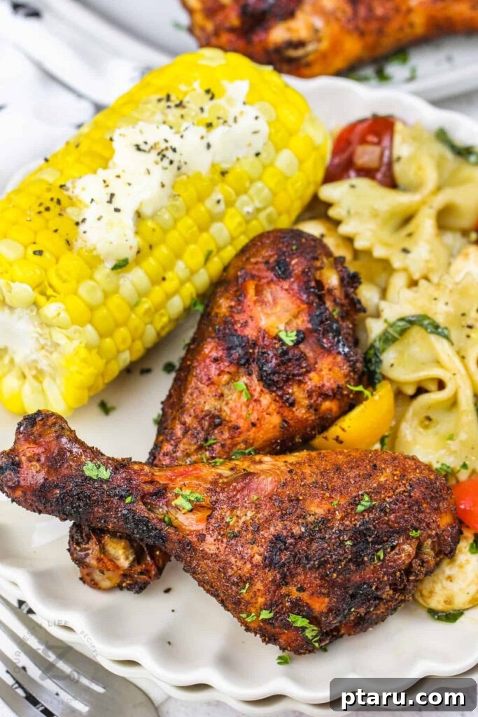 41 Succulent Chicken Drumstick Recipes You Can Make Effortlessly 15 Smoked Chicken Drumsticks served with a grilled corn cob on a wooden board.