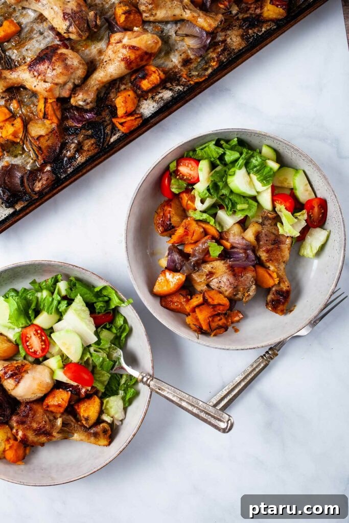 41 Succulent Chicken Drumstick Recipes You Can Make Effortlessly 35 Healthy Chicken Drumsticks baked with sweet potatoes and apples on a sheet pan.