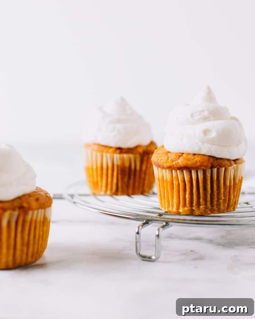 Effortless Velvety Pumpkin Cupcakes 4 Three pumpkin cupcakes with whipped cream frosting.