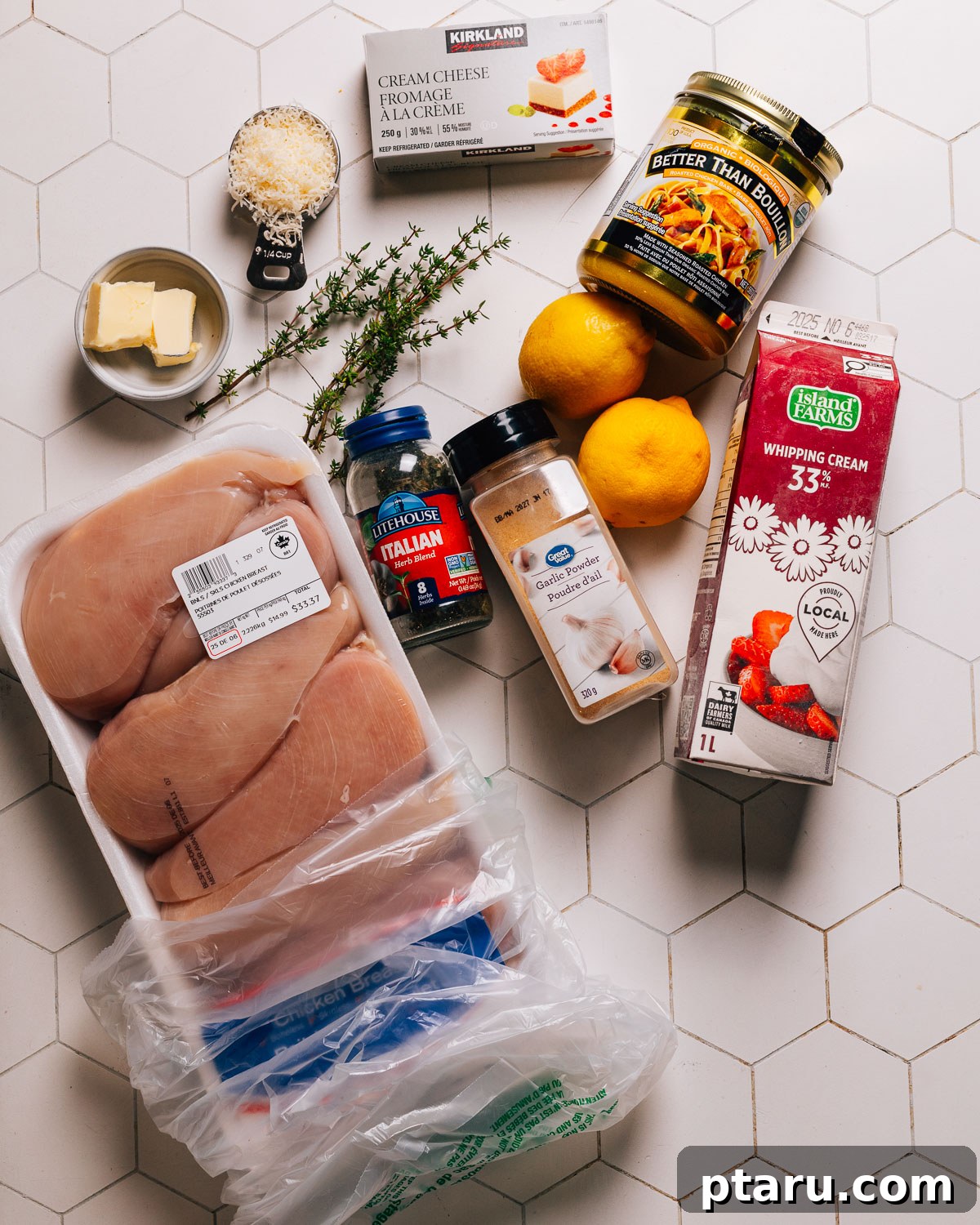 Zesty Slow Cooker Lemon Chicken 3 Ingredients for Crockpot Lemon Chicken laid out on a countertop.