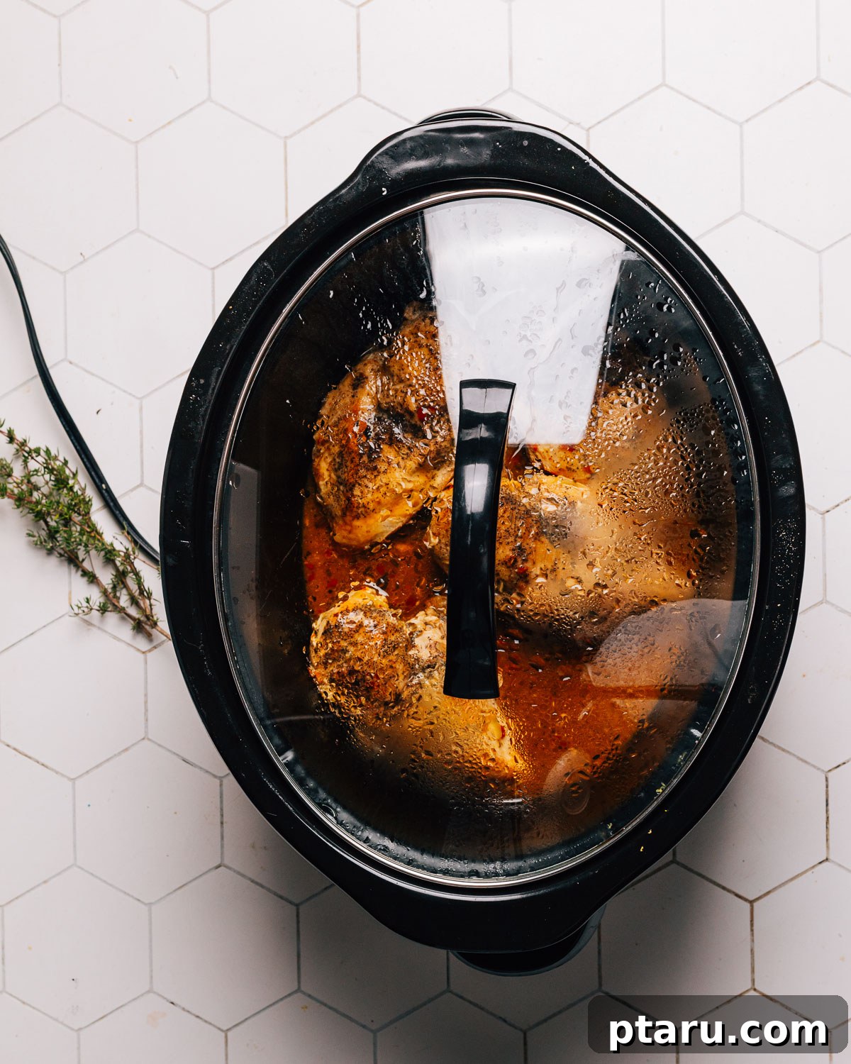 Zesty Slow Cooker Lemon Chicken 6 Adding chicken breasts into the crockpot with lemon slices.