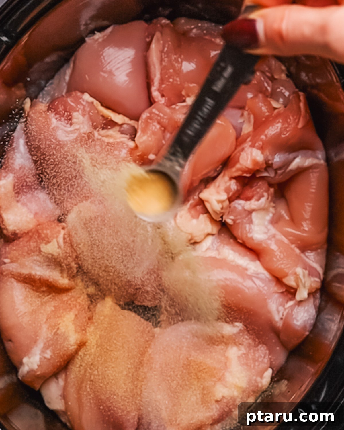 Creamy Slow Cooker Chicken Alfredo 4 Step 1: Seasoning chicken thighs for Crockpot Chicken Alfredo.