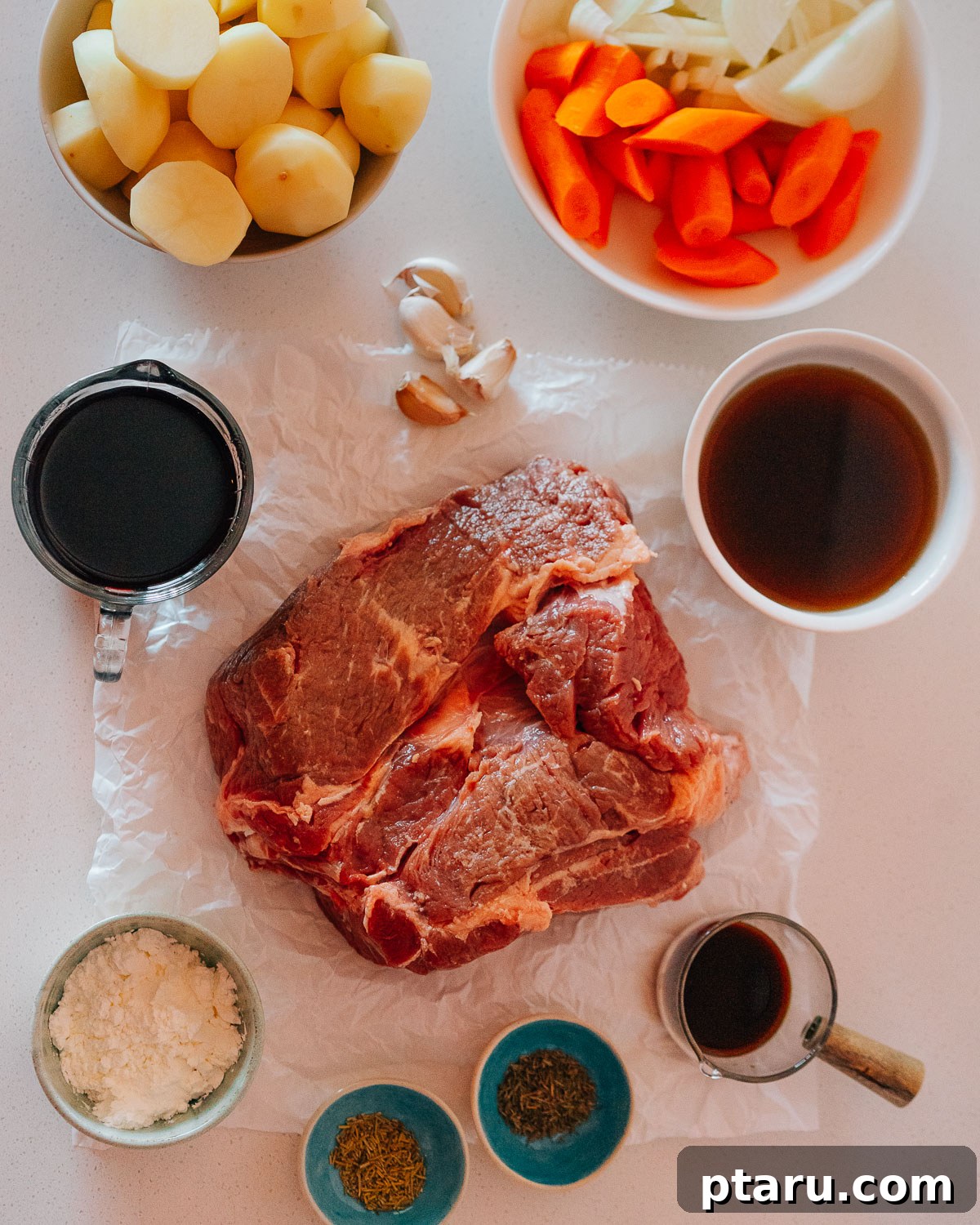 Slow Cooker Chuck Roast Melts in Your Mouth 3 Raw ingredients for Crockpot Chuck Roast Recipe including beef, vegetables, and spices.