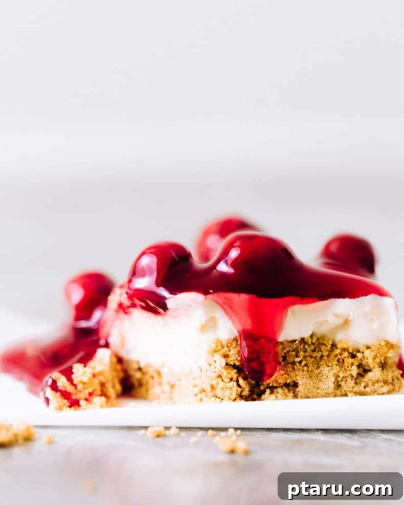 Valentines Sweet Indulgences 11 No-bake cherry cheesecake bars with graham crust and cherry topping.