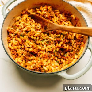 Classic Macaroni Goulash 9 American Goulash recipe in a pot with a spoon, showing a generous serving with rich tomato sauce and macaroni.