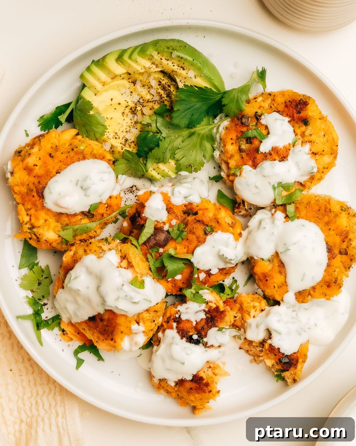 Perfectly Cooked Salmon Patties with Dill Sauce Two cooked salmon patties on a white plate, topped with fresh dill and a dollop of creamy dill sauce.