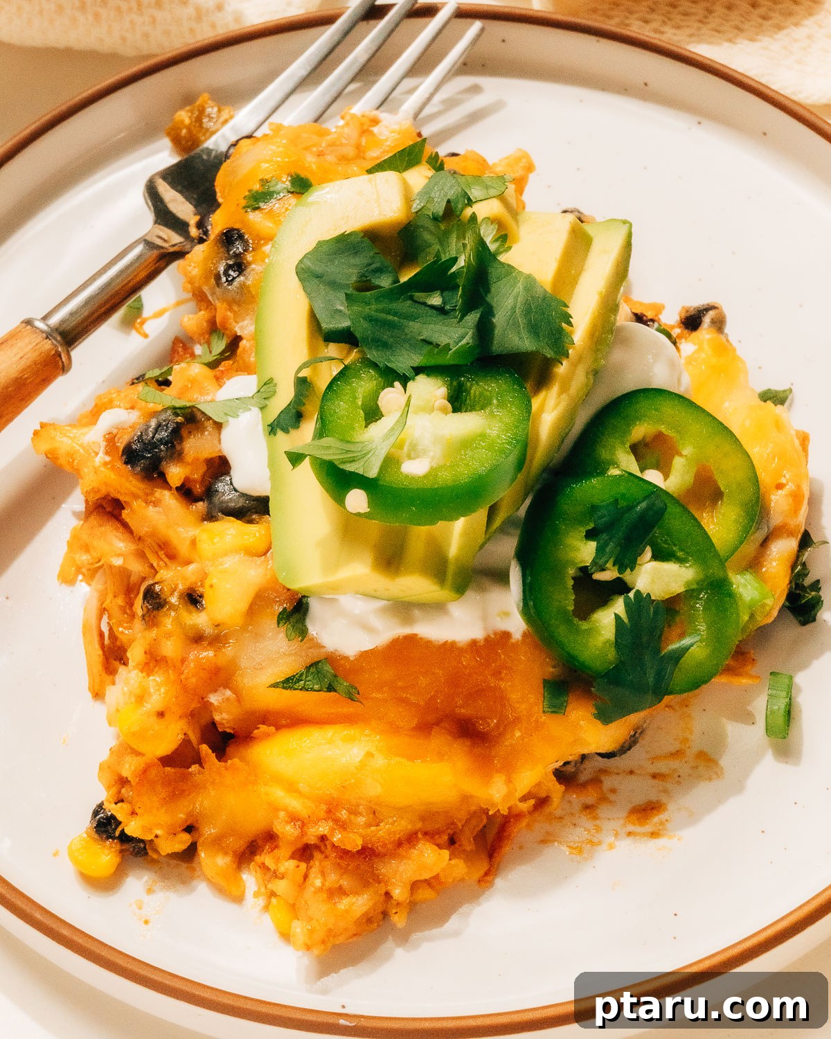 Fiesta Chicken Bake 10 A beautifully plated serving of Mexican Chicken Casserole, garnished with fresh cilantro and avocado slices.