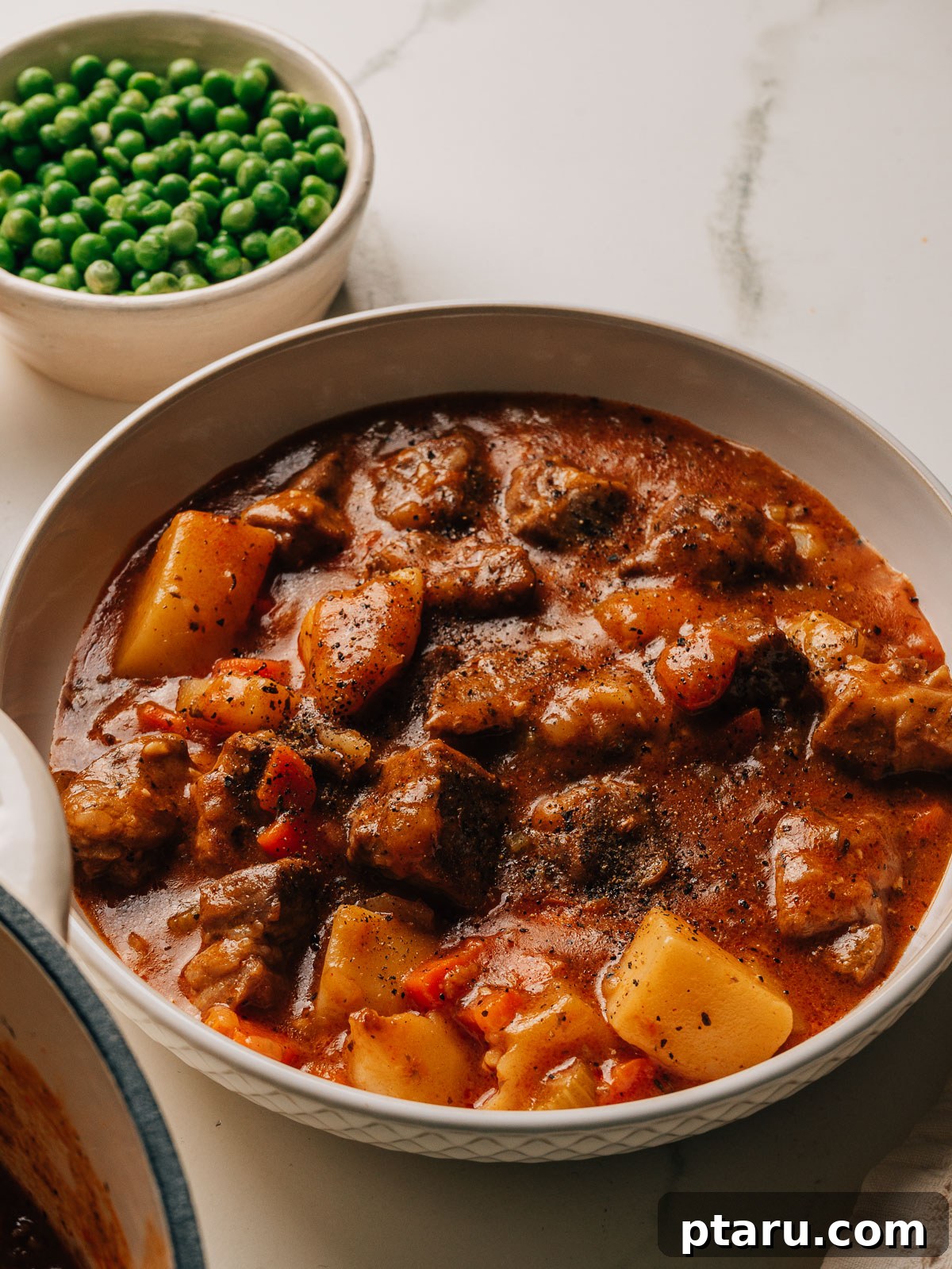 Savory Slow-Cooked Pork Stew with Vegetables 2 Pork stew with tender pork shoulder, potatoes, and carrots in rich gravy in a bowl.
