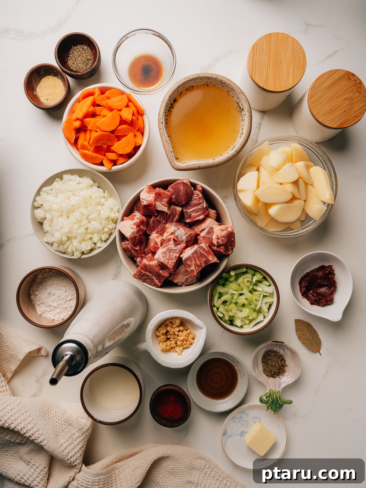 Savory Slow-Cooked Pork Stew with Vegetables 3 Pork Stew recipe ingredients on the counter.
