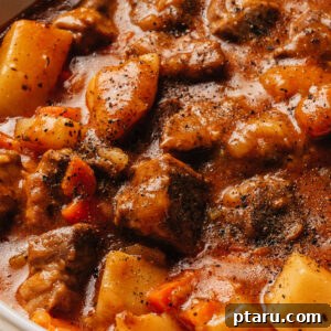 Savory Slow-Cooked Pork Stew with Vegetables 9 A bowl of pork stew.