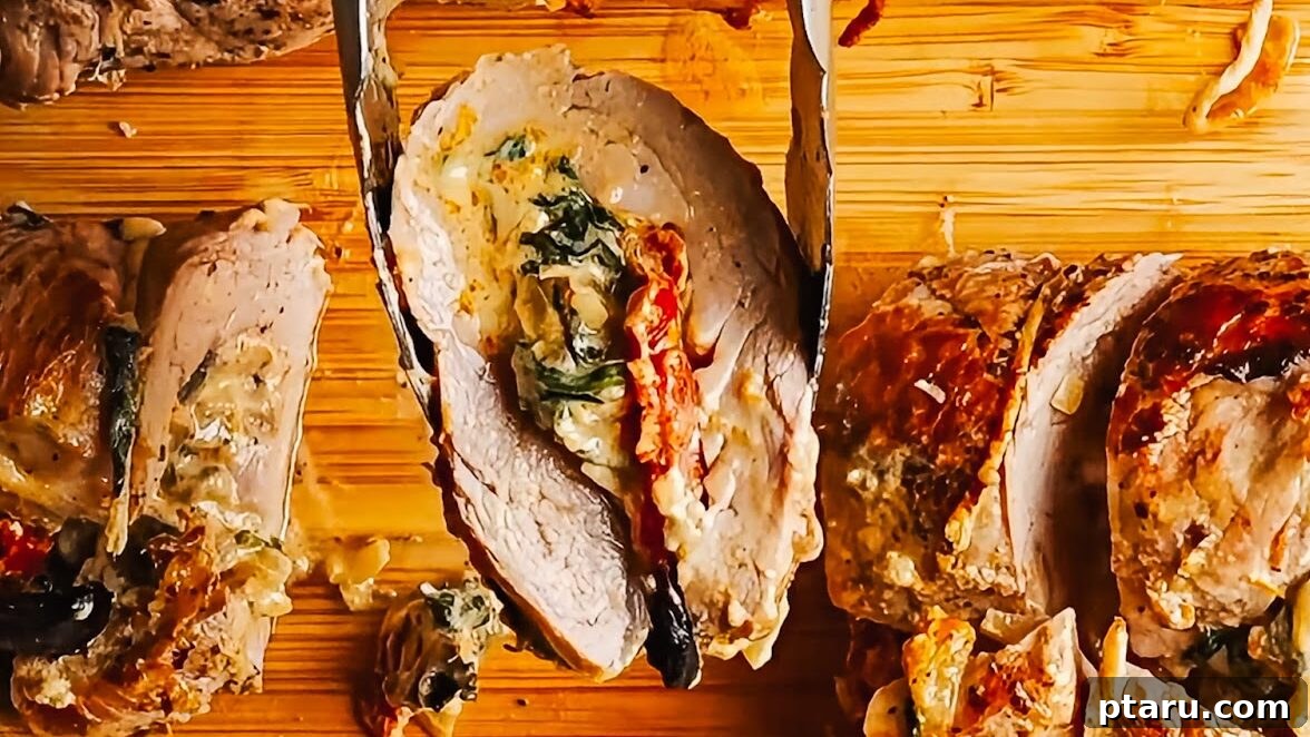 Creamy Mediterranean-Stuffed Pork Tenderloin: Tender Roast Recipe 12 Slicing a stuffed pork tenderloin into rounds after roasting.