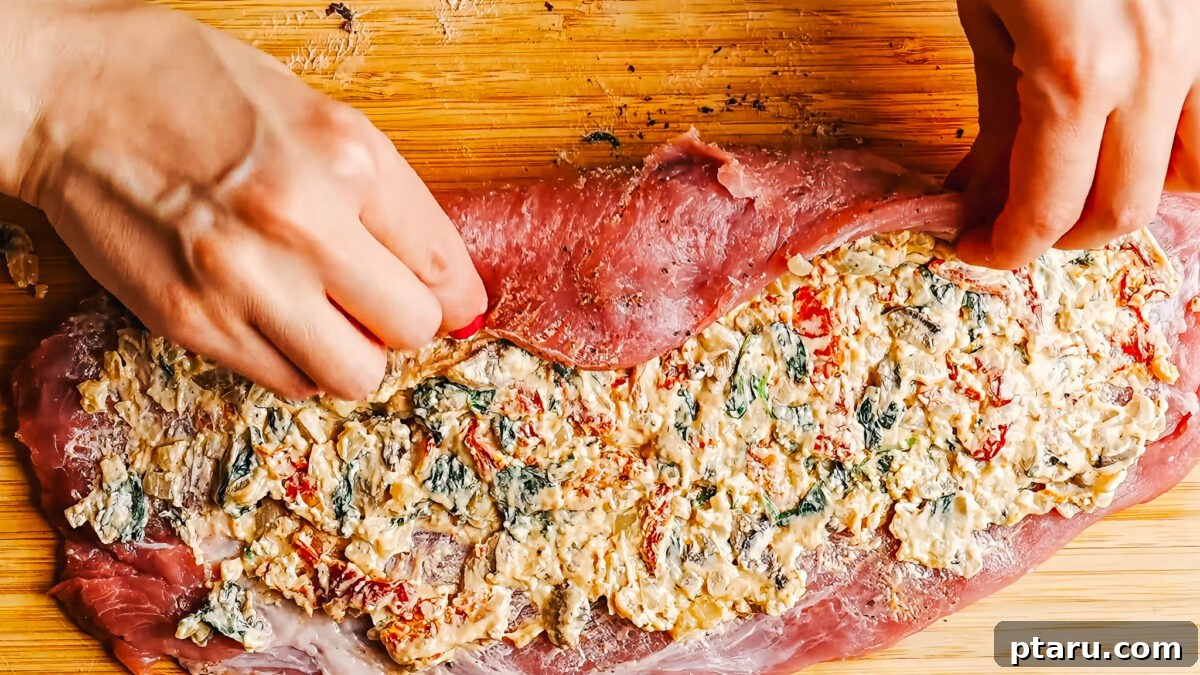 Creamy Mediterranean-Stuffed Pork Tenderloin: Tender Roast Recipe 8 Steps of making stuffed pork tenderloin.