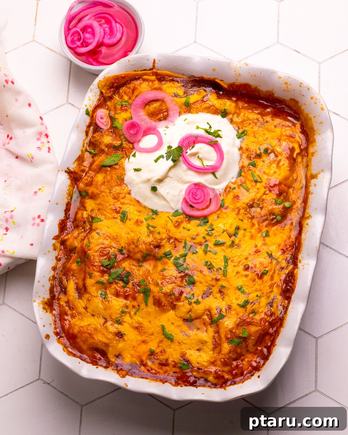 30 One-Pan Chicken Dinners: A Month of Simple Recipes 27 Chicken enchilada casserole, bubbly and golden.