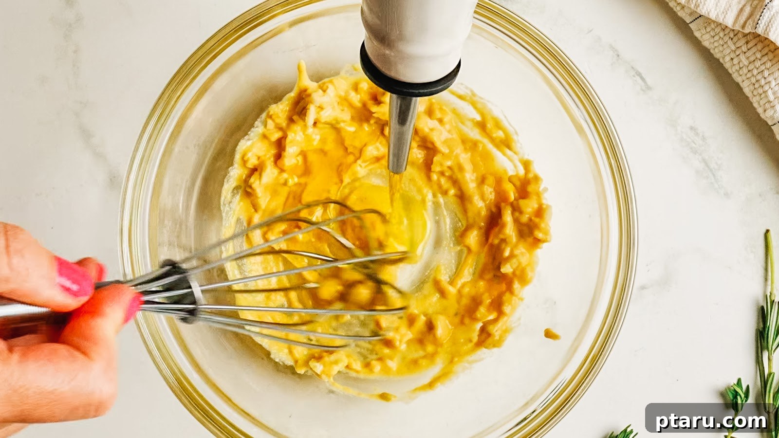 Streaming olive oil into the mustard while whisking to emulsify.