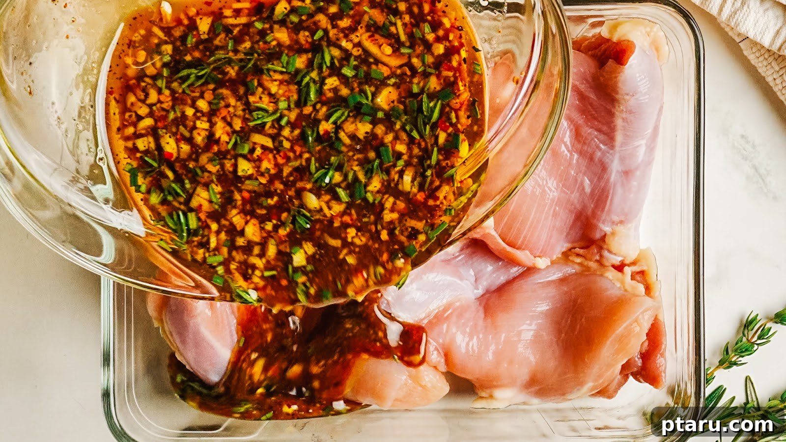 Pouring balsamic marinade over raw chicken thighs in a dish.