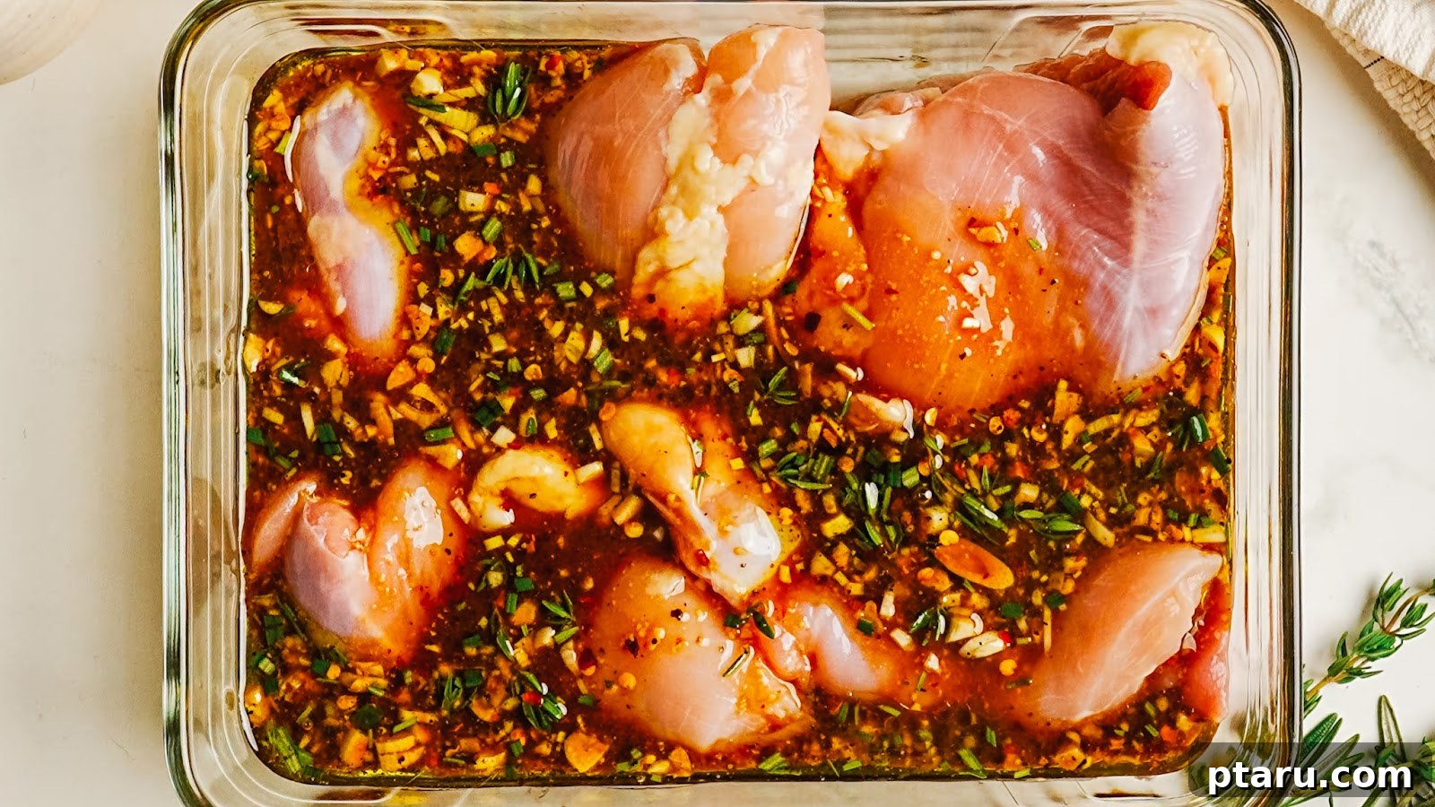 Raw chicken thighs marinating in balsamic marinade in a dish.