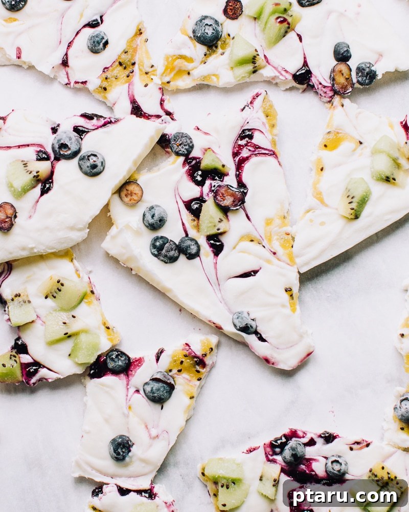 18+ Homemade Frozen Treats: Popsicle and Ice Cream Recipes 8 Frozen yogurt bark topped with fruit.