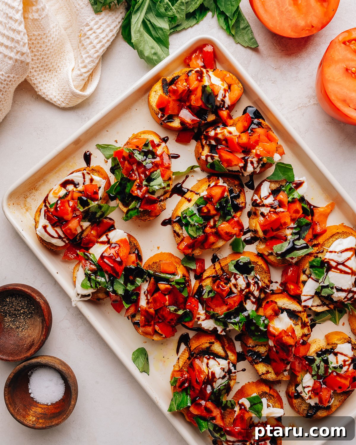 Fresh Mozzarella Bruschetta: Classic Tomato Appetizer 11 Overhead tray of bruschetta with mozzarella, tomato and basil.