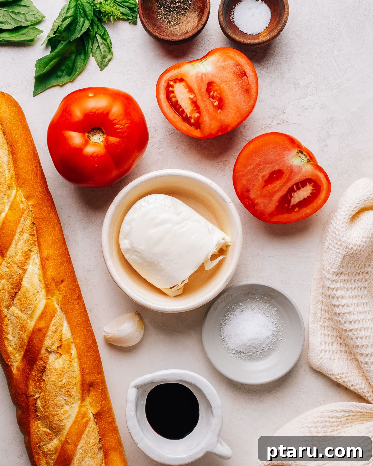 Fresh Mozzarella Bruschetta: Classic Tomato Appetizer 3 Ingredients for making bruschetta with mozzarella, tomato and basil.