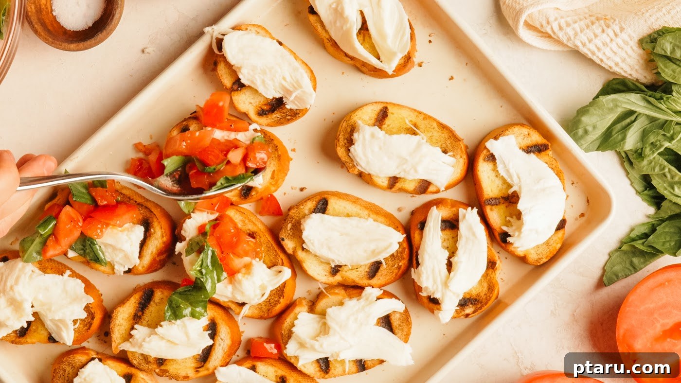 Fresh Mozzarella Bruschetta: Classic Tomato Appetizer 8 Bruschetta with Mozzarella recipe steps.