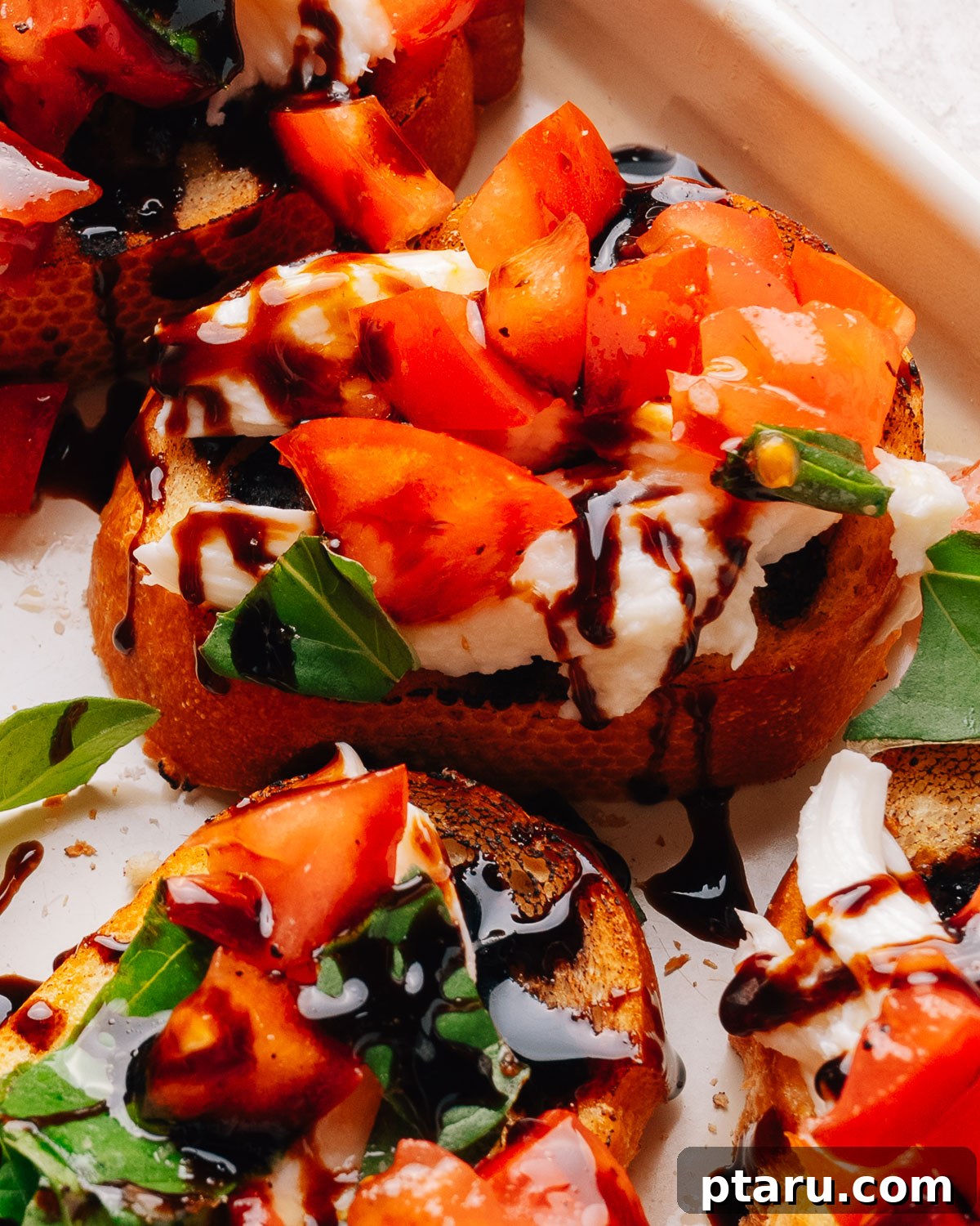 Fresh Mozzarella Bruschetta: Classic Tomato Appetizer 10 Overhead tray of bruschetta with mozzarella, tomato and basil.