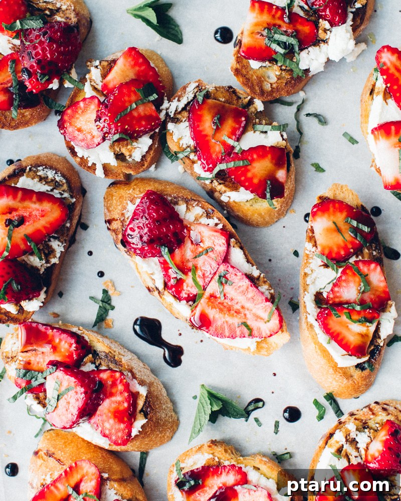 Strawberry goat cheese crostini on toasted bread.