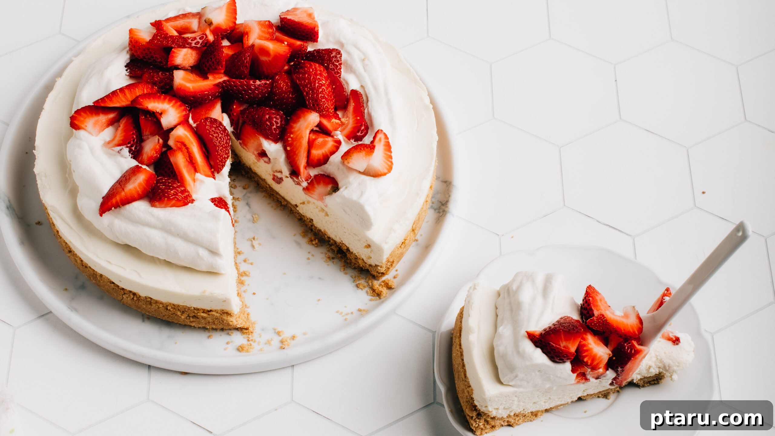 No-bake strawberry cheesecake topped with berries.
