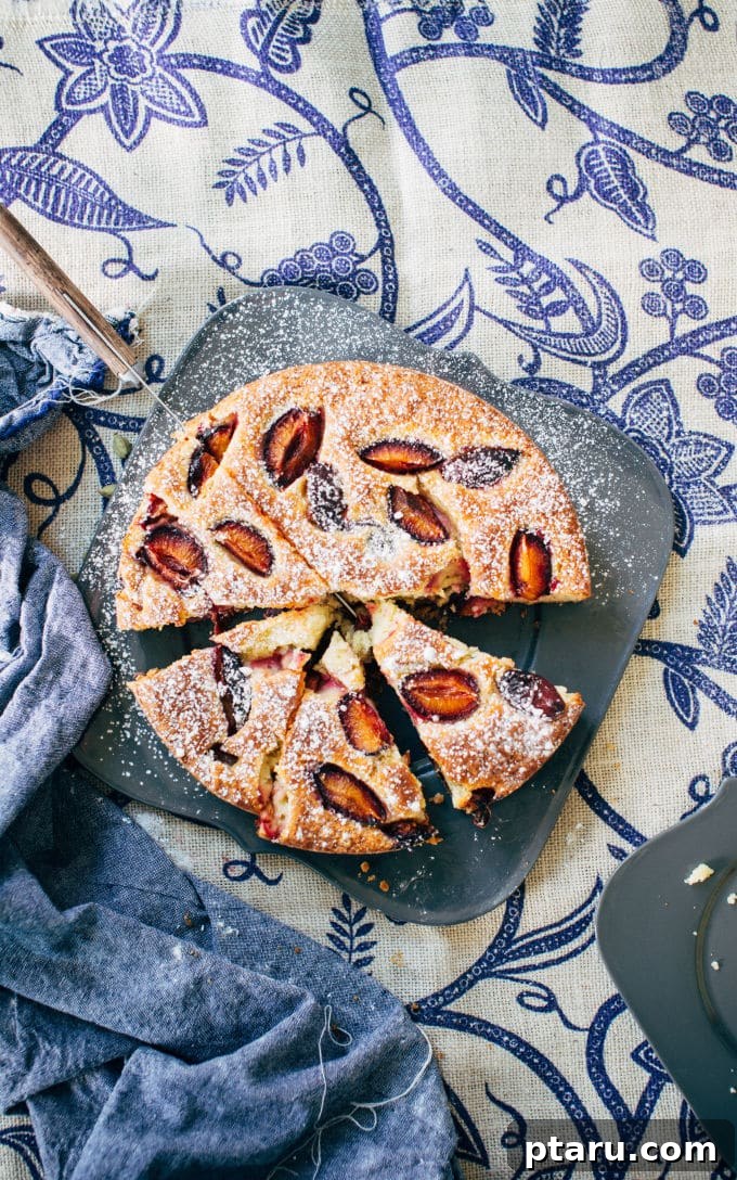 Cardamom plum cake with baked plum halves on top.
