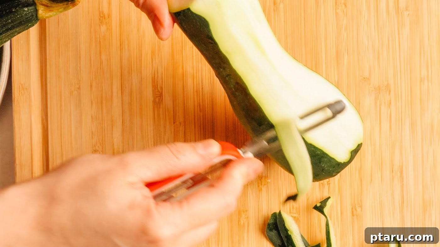 Zucchini Ribbon Salad with Lemon-Parmesan Vinaigrette 5 Shaving zucchini into thin ribbons with a vegetable peeler.