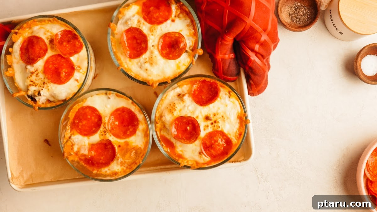 Loaded Cheesy Pizza Bowl Recipe 10 Step 4: baked pizza bowls with bubbly golden cheese and crisp pepperoni.