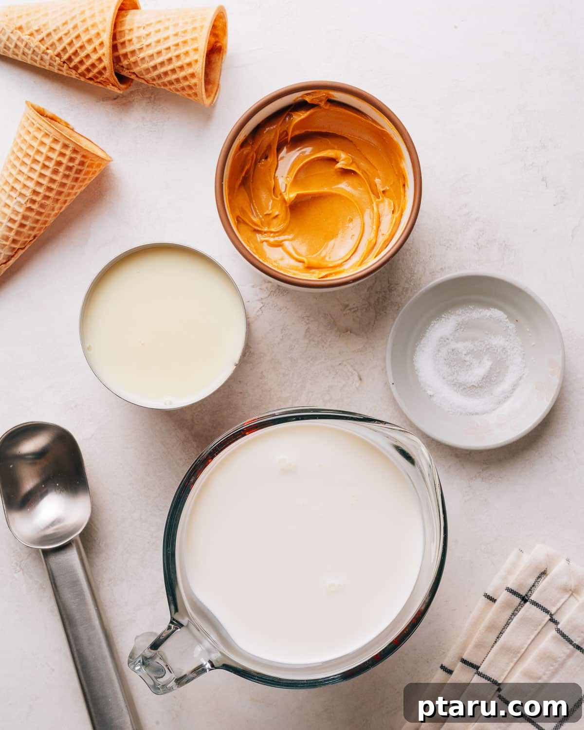 Ingredients for making peanut butter ice cream recipe.