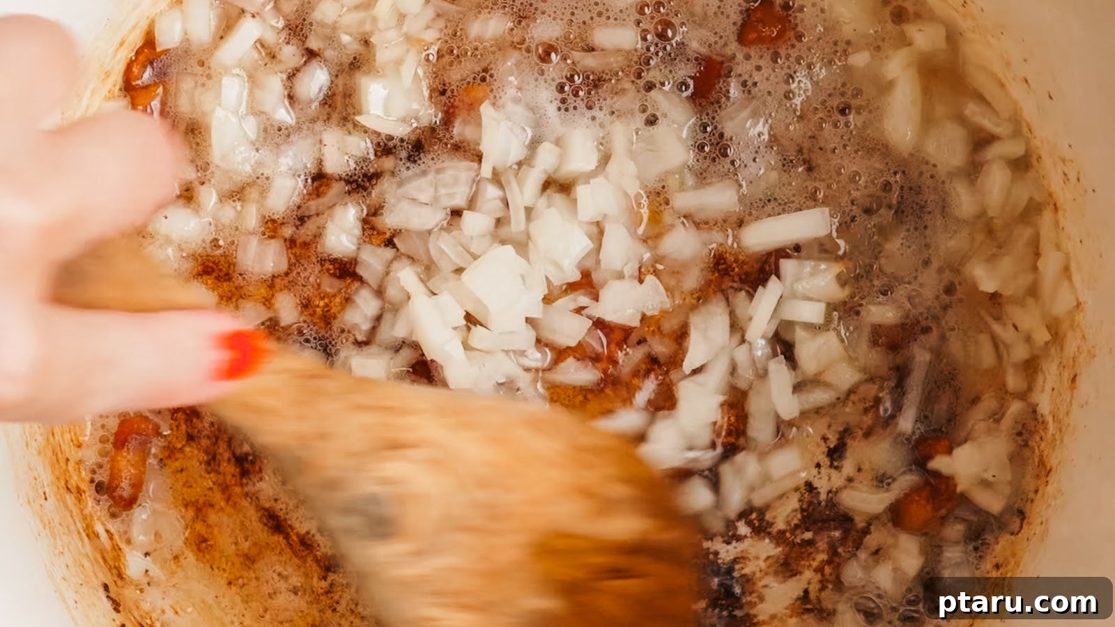 Thick Southern Baked Beans with Bacon (No-Soak Recipe) 5 Chopped onion softening in the rendered bacon fat.