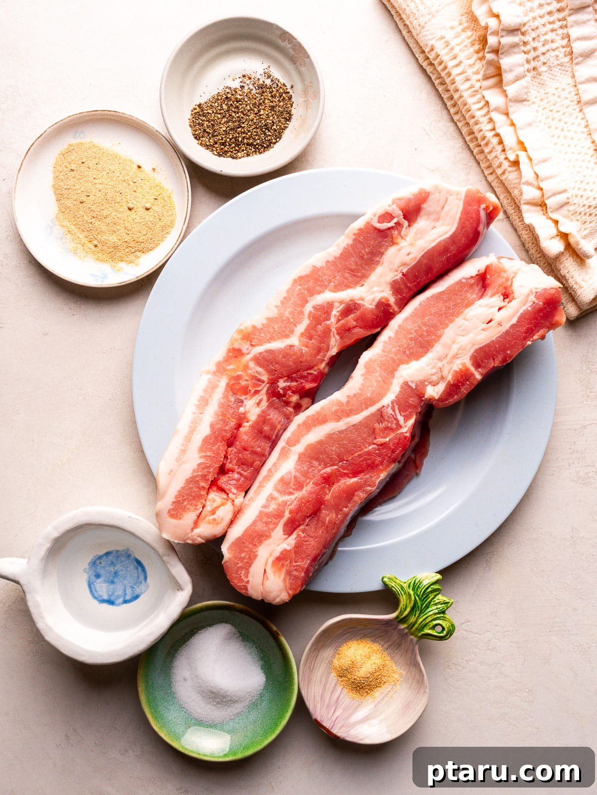 Slow-Roasted Pork Belly with Crispy Crackling 4 Ingredients on the counter for Crispy Pork Belly Recipe.