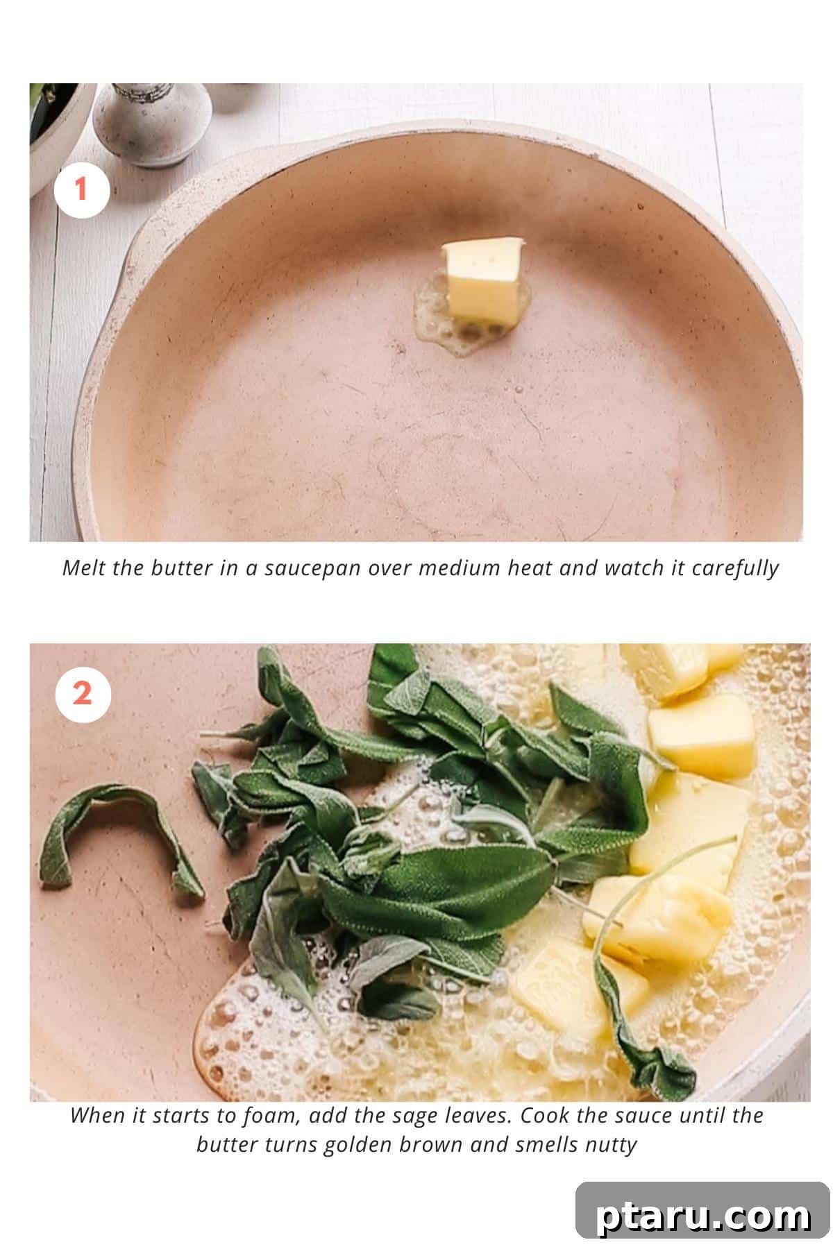 Brown Butter and Sage Sauce for Butternut Squash Ravioli 4 Fresh sage leaves added to melted butter in a pan.