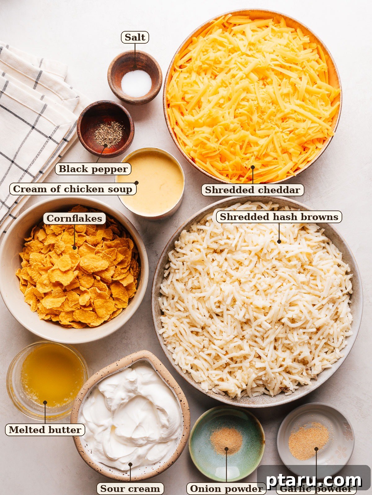 Funeral Potatoes: Cheesy Casserole with Cornflake Topping 3 Labeled flat-lay of cheesy potato casserole ingredients including hash browns, sharp cheddar, sour cream, cream of chicken soup and cornflakes.